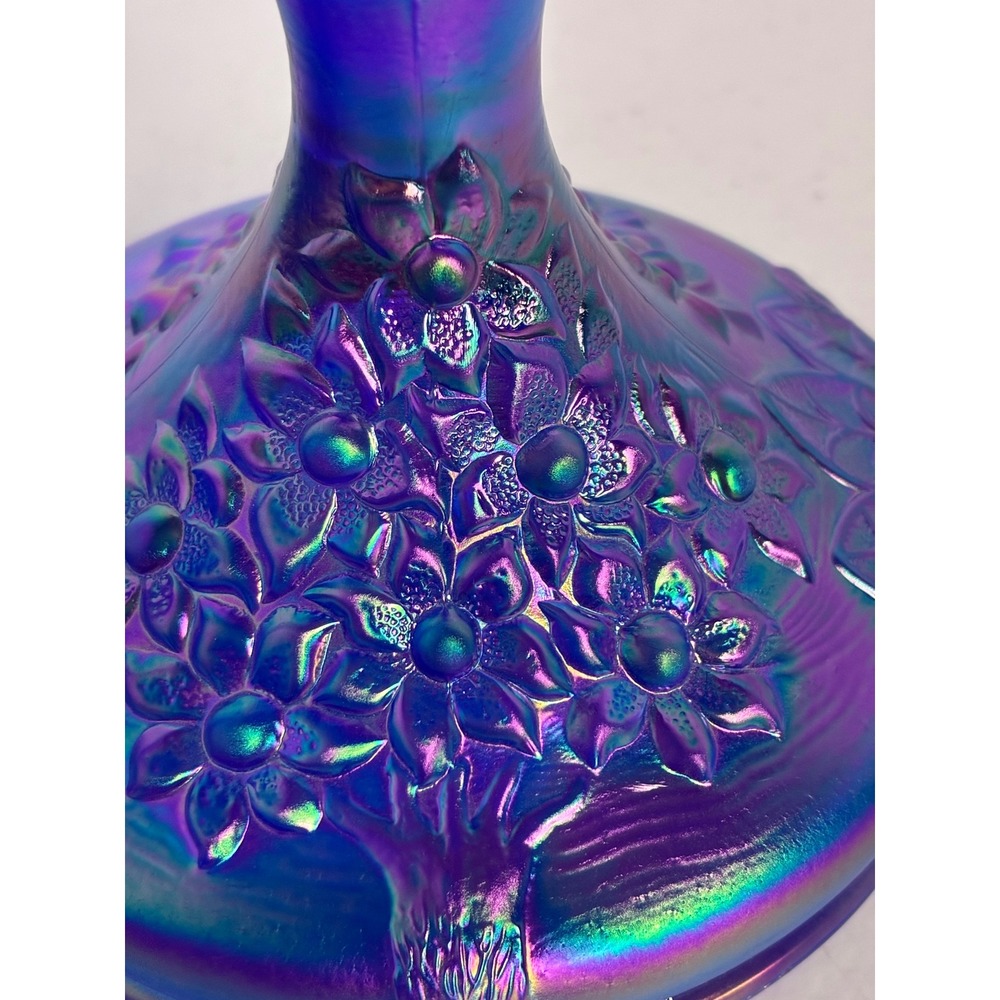Fenton Cobalt Blue Carnival Glass Forget Me Not Candlestick Holders Pair 5.5in - Picture 5 of 8